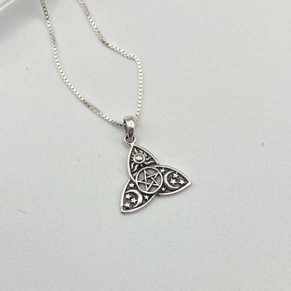 Sterling Silver Celtic Pentagram, Sun, Moon, & Stars Necklace Irish Trinity Knot - Picture 2 of 4
